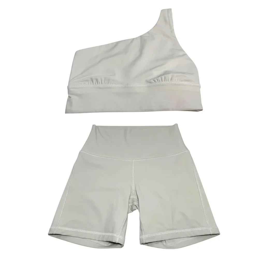 Lululemon Align One Shoulder Bra Shorts Set Ivory Nulu Yoga Athleisure 8 6